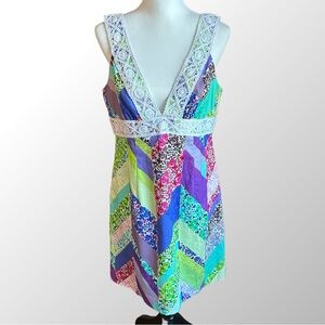 Trina Turk Dress NWT Size 10 Multi Color Pattern Sleeveless Mini w/ Lace Trim